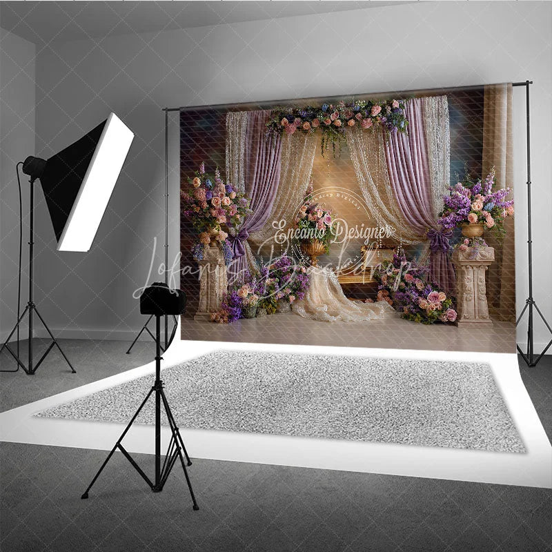 Lofaris Elegant Lavender Curtains and Lace Photography Backdrop Romantic Floral Arrangements for Wedding Party