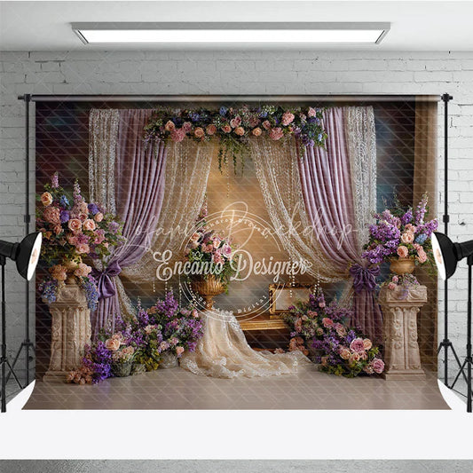 Lofaris Elegant Lavender Curtains and Lace Photography Backdrop Romantic Floral Arrangements for Wedding Party