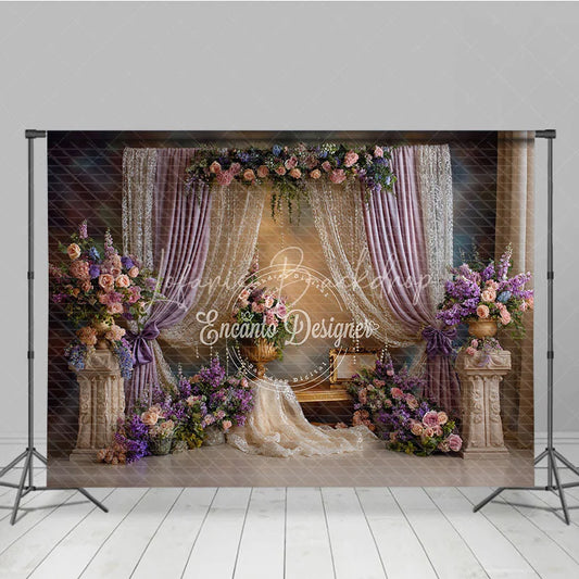 Lofaris Elegant Lavender Curtains and Lace Photography Backdrop Romantic Floral Arrangements for Wedding Party