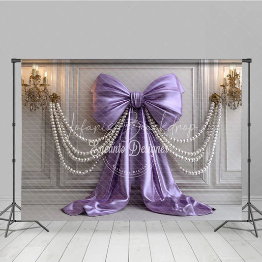 Lofaris Elegant Lavender Satin Bow and Pearl Strands Photography Backdrop White Paneled Wall with Gold Chandeliers