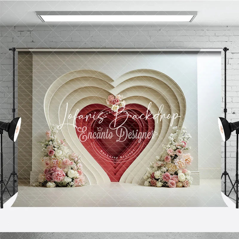 Lofaris Elegant Layered Heart Red Cream Floral Photography Backdrop Pink Flowers Romantic Valentine’s Day Wedding Decor
