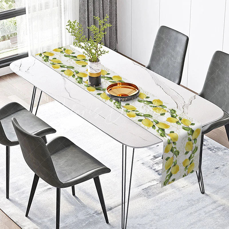 Lofaris Elegant Lemon Table Runner with Gold Leaves on White Modern Summer Citrus Print for Kitchen Dining Decor