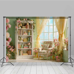 Lofaris Elegant Library Wedding Photography Backdrop Romantic Bookshelf with Flowers Light Academia Themed Photo Prop