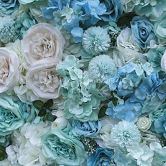 Lofaris Elegant Light Blue and Mint Green Artificial Flower Wall with Roses Hydrangeas Wedding Party Decor
