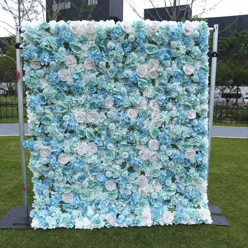 Lofaris Elegant Light Blue and Mint Green Artificial Flower Wall with Roses Hydrangeas Wedding Party Decor