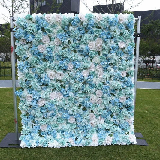 Lofaris Elegant Light Blue and Mint Green Artificial Flower Wall with Roses Hydrangeas Wedding Party Decor