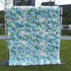 Lofaris Elegant Light Blue and Mint Green Artificial Flower Wall with Roses Hydrangeas Wedding Party Decor