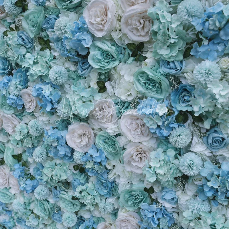 Lofaris Elegant Light Blue and Mint Green Artificial Flower Wall with Roses Hydrangeas Wedding Party Decor