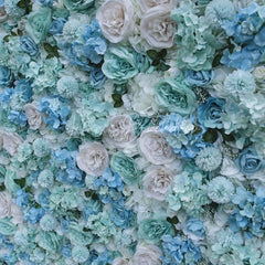 Lofaris Elegant Light Blue and Mint Green Artificial Flower Wall with Roses Hydrangeas Wedding Party Decor