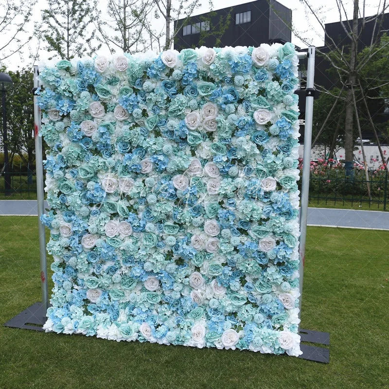 Lofaris Elegant Light Blue and Mint Green Artificial Flower Wall with Roses Hydrangeas Wedding Party Decor