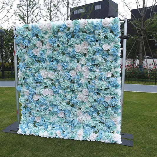 Lofaris Elegant Light Blue and Mint Green Artificial Flower Wall with Roses Hydrangeas Wedding Party Decor