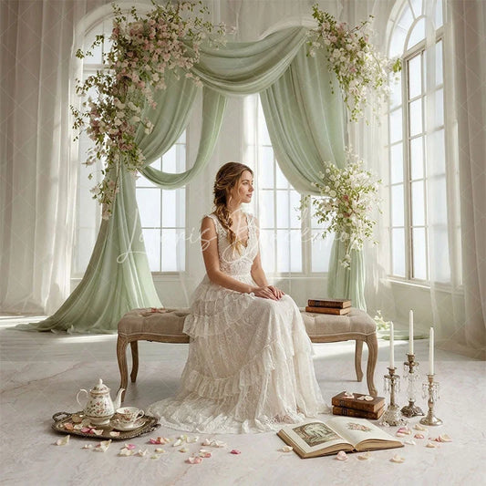 Lofaris Elegant Light Green Drapes Floral Arch Combo Set Backdrop Arched Windows Marble Floor for Wedding Photography
