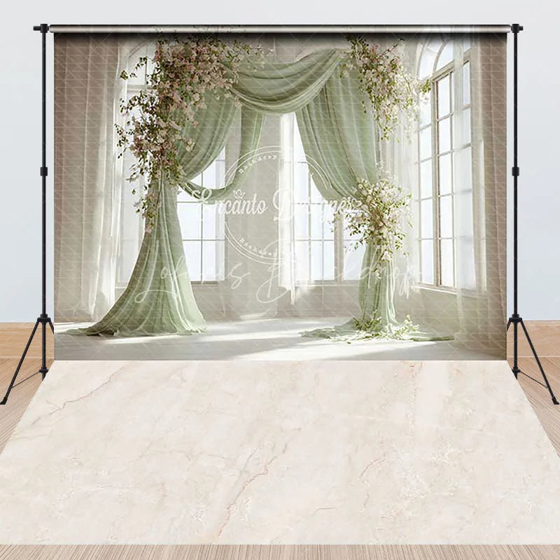 Lofaris Elegant Light Green Drapes Floral Arch Combo Set Backdrop Arched Windows Marble Floor for Wedding Photography
