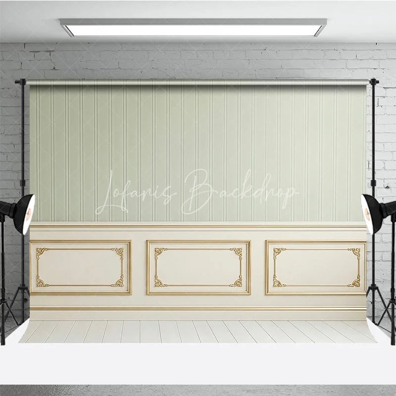 Lofaris Elegant Light Green Striped Wallpaper and Gold Trim Wainscoting Photography Backdrop Classic Interior Decor