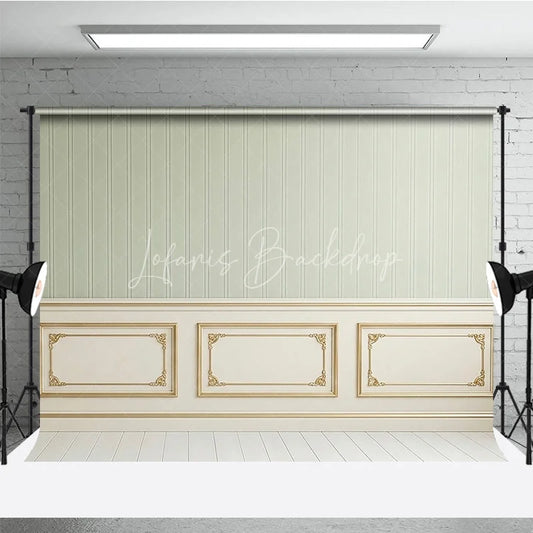 Lofaris Elegant Light Green Striped Wallpaper and Gold Trim Wainscoting Photography Backdrop Classic Interior Decor