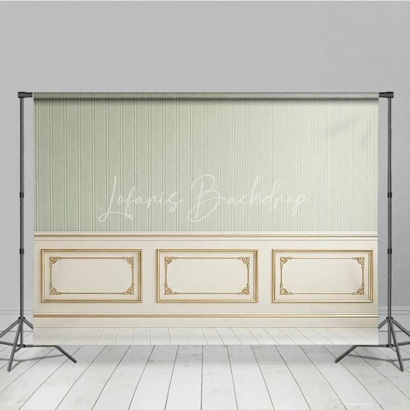 Lofaris Elegant Light Green Striped Wallpaper and Gold Trim Wainscoting Photography Backdrop Classic Interior Decor