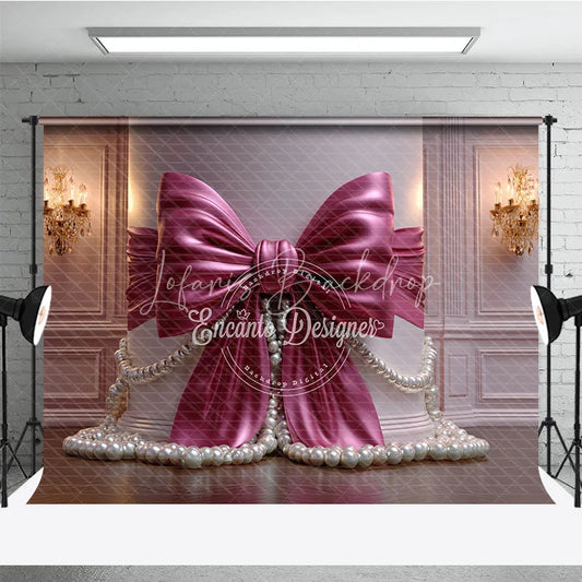 Lofaris Elegant Magenta Satin Bow and Pearl Photography Backdrop with a Classic Column Ornate Chandeliers