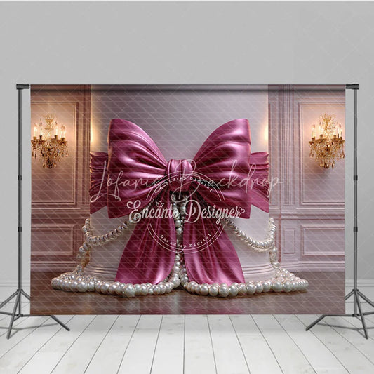 Lofaris Elegant Magenta Satin Bow and Pearl Photography Backdrop with a Classic Column Ornate Chandeliers