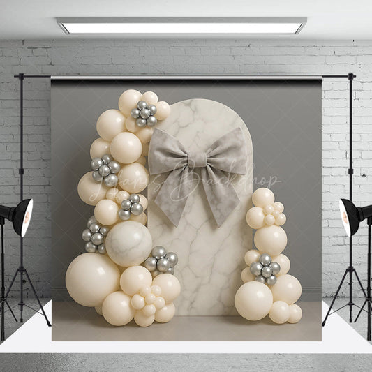 Lofaris Elegant Marble Arch Cake Smash Backdrop Gray Bow and Neutral Balloons Modern First Birthday Photography Prop