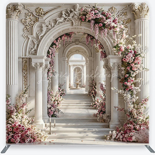 Lofaris Elegant Marble Archway Square Tension Backdrop Pink Floral Garland White Column Luxury for Wedding Party Photography