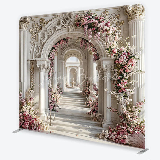Lofaris Elegant Marble Archway Square Tension Backdrop Pink Floral Garland White Column Luxury for Wedding Party Photography