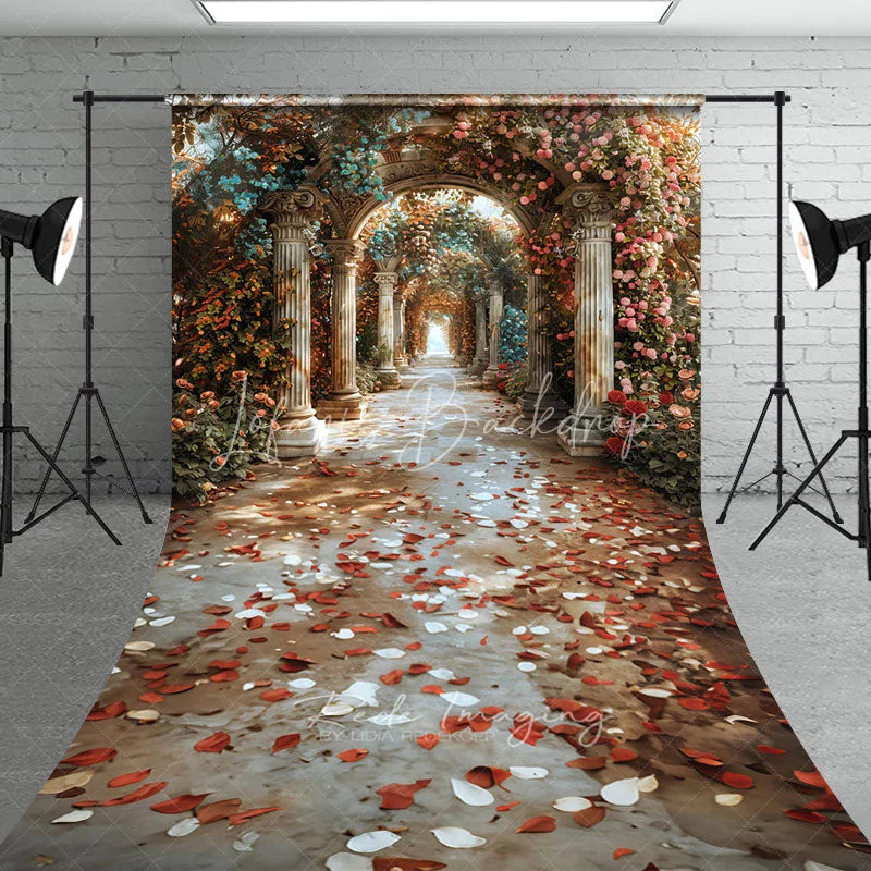 Lofaris Elegant Marble Column Arch Backdrop Rose Floral Garden Path with Fallen Petals Romantic Wedding Background