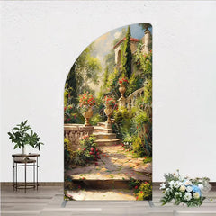 Lofaris Elegant Mediterranean Garden half moon arch backdrop featuring a picturesque stone staircase and vibrant floral urns