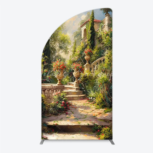 Lofaris Elegant Mediterranean Garden half moon arch backdrop featuring a picturesque stone staircase and vibrant floral urns