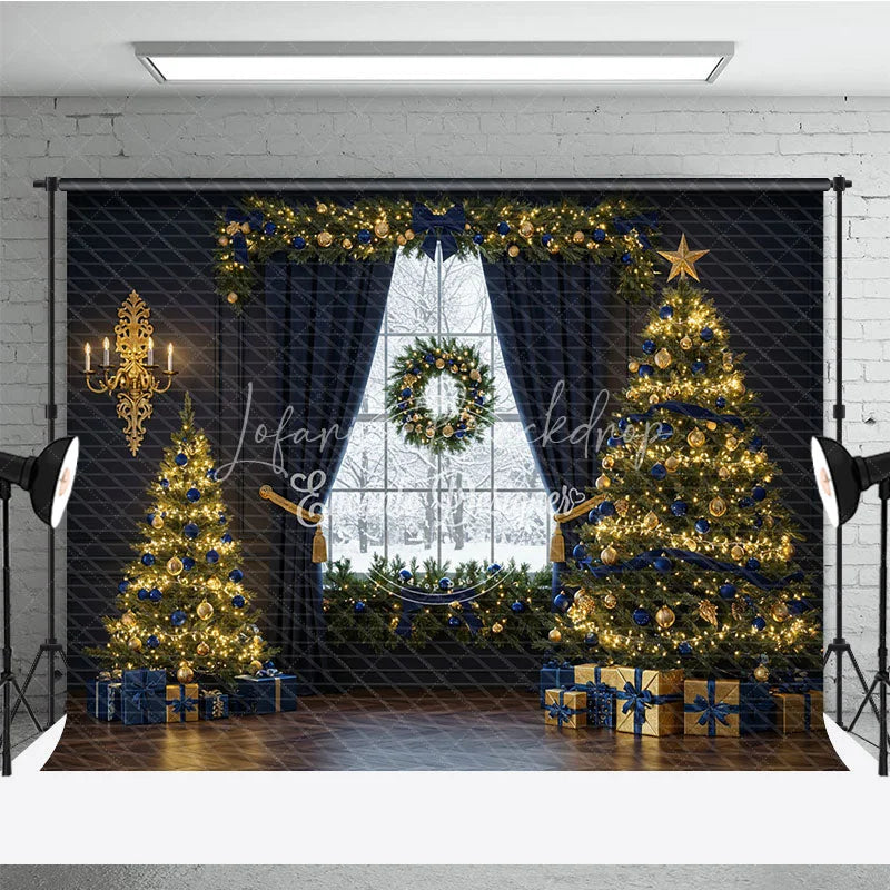 Lofaris Elegant Navy Blue and Gold Christmas Photography Backdrop Snowy Window with Trees Luxury Holiday Photo Background