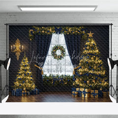 Lofaris Elegant Navy Blue and Gold Christmas Photography Backdrop Snowy Window with Trees Luxury Holiday Photo Background