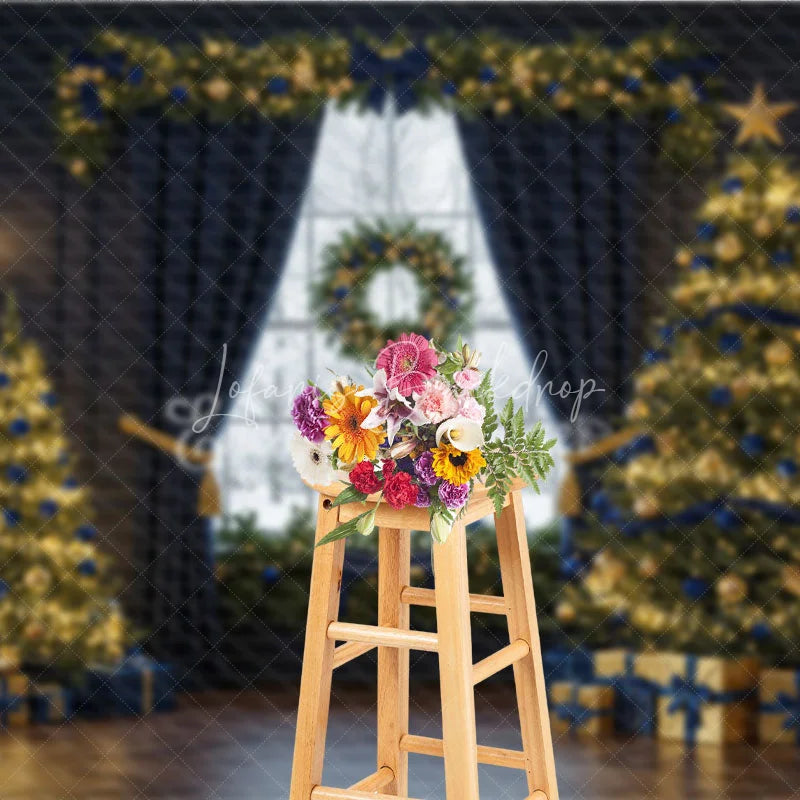 Lofaris Elegant Navy Blue and Gold Christmas Photography Backdrop Snowy Window with Trees Luxury Holiday Photo Background