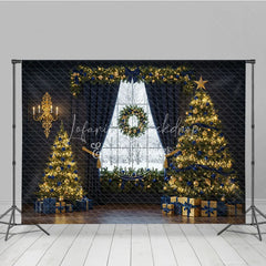 Lofaris Elegant Navy Blue and Gold Christmas Photography Backdrop Snowy Window with Trees Luxury Holiday Photo Background