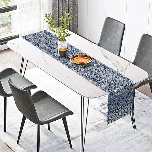 Lofaris Elegant Navy Blue and White Damask Table Runner Vintage Paisley Border Formal Dining Decor