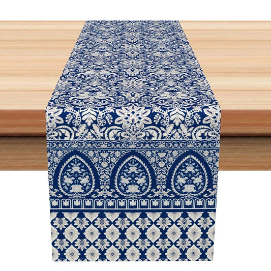 Lofaris Elegant Navy Blue and White Damask Table Runner Vintage Paisley Border Formal Dining Decor