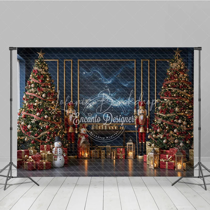 Lofaris Elegant Navy Blue Christmas Photography Backdrop Nutcrackers and Snowman Starry Night Holiday Photo Background