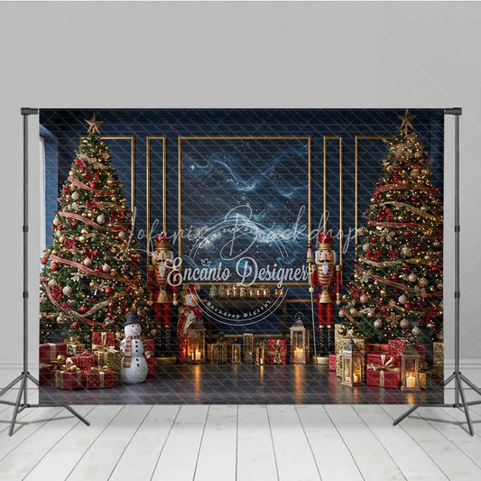 Lofaris Elegant Navy Blue Christmas Photography Backdrop Nutcrackers and Snowman Starry Night Holiday Photo Background