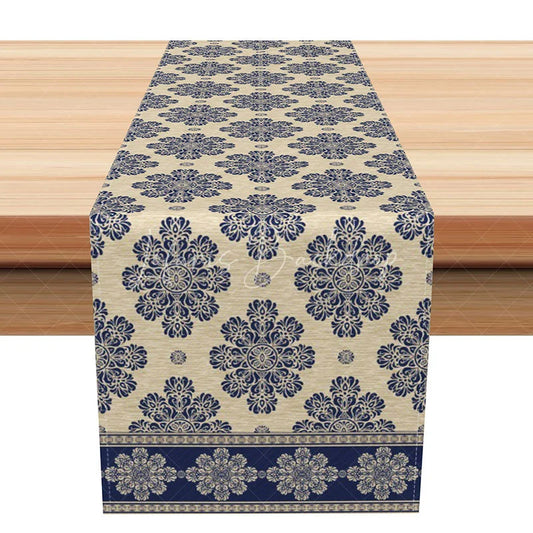 Lofaris Elegant Navy Blue Damask Table Runner Beige Neutral Pattern Modern Farmhouse Dining Decor