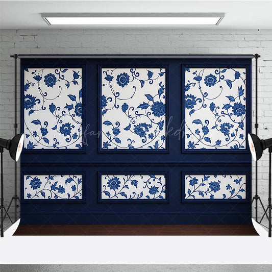 Lofaris Elegant Navy Blue Wall Photography Backdrop Chinoiserie Style with Floral Panels Fine Art Studio Photo Prop