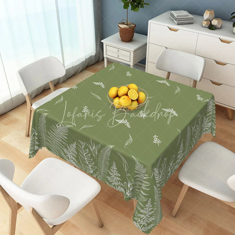 Lofaris Elegant Olive Green Rectangle Tablecloth with White Fern Botanical Leaf Pattern Rustic Dining Decor