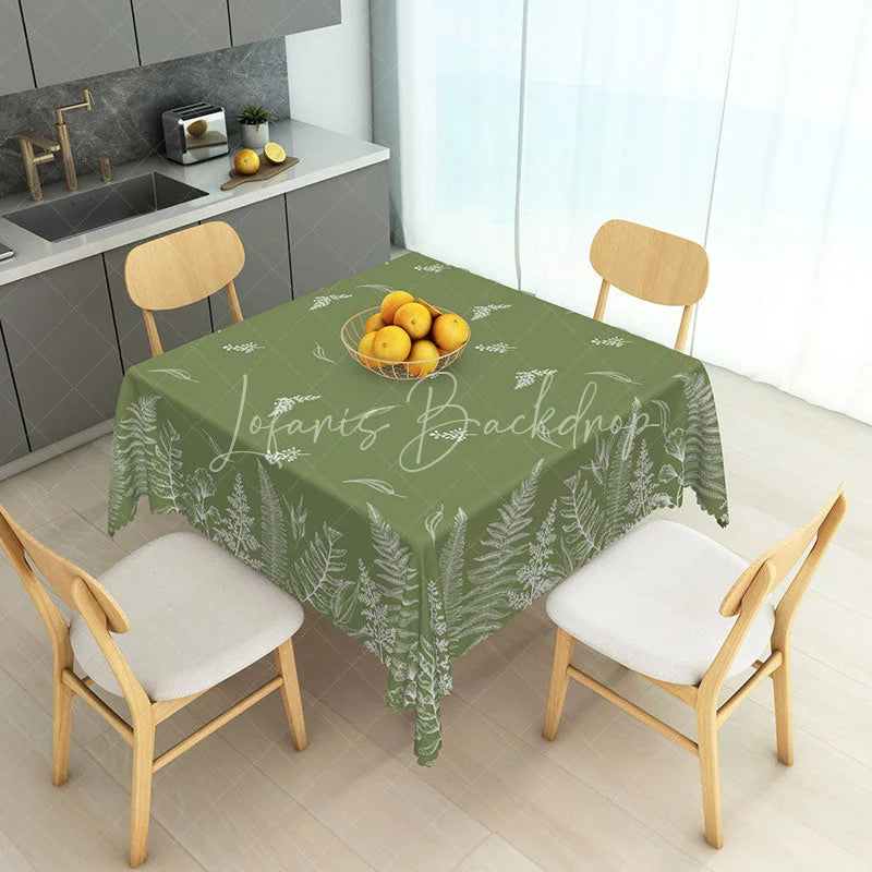 Lofaris Elegant Olive Green Rectangle Tablecloth with White Fern Botanical Leaf Pattern Rustic Dining Decor