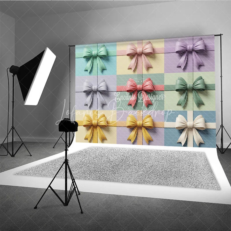 Lofaris Elegant Pastel Bows Gift Wrap Photography Backdrop Multi-Color Textured Design for Baby Shower and Birthday Party