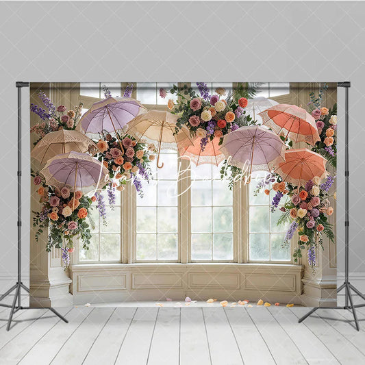 Lofaris Elegant Pastel Floral and Lace Umbrella Window Photography Backdrop Romantic Wedding Bridal Shower Decor