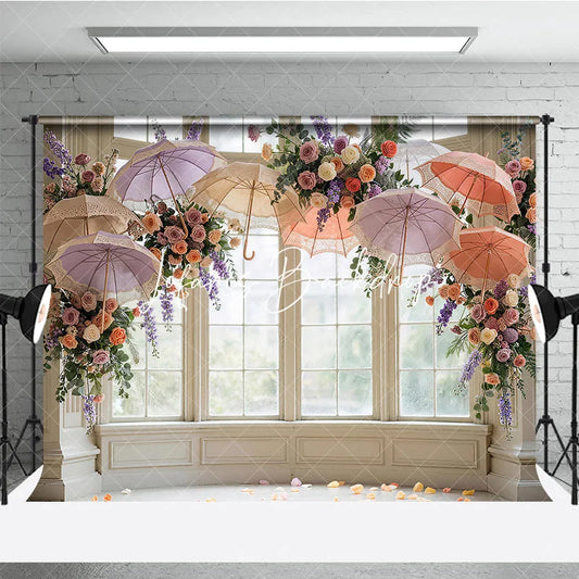 Lofaris Elegant Pastel Floral and Lace Umbrella Window Photography Backdrop Romantic Wedding Bridal Shower Decor