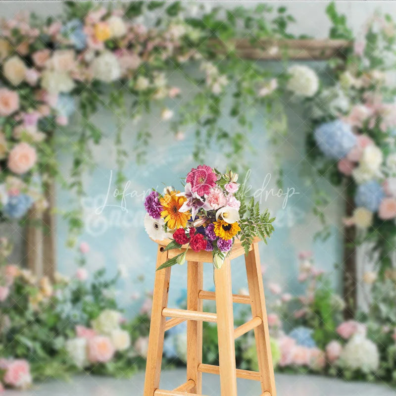 Lofaris Elegant Pastel Floral Arch Photography Backdrop Pink and Blue Flowers with Lush Greenery for Wedding Baby Shower