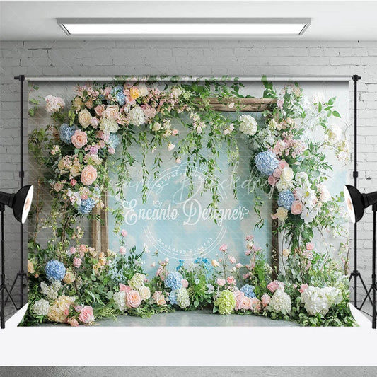 Lofaris Elegant Pastel Floral Arch Photography Backdrop Pink and Blue Flowers with Lush Greenery for Wedding Baby Shower