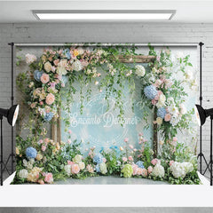 Lofaris Elegant Pastel Floral Arch Photography Backdrop Pink and Blue Flowers with Lush Greenery for Wedding Baby Shower