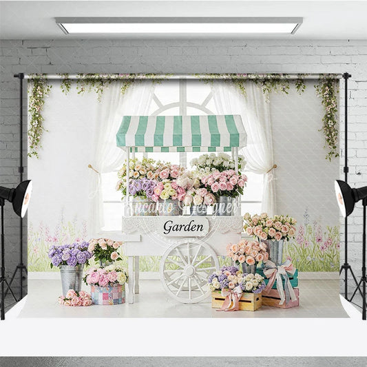 Lofaris Elegant Pastel Flower Cart Photography Backdrop Garden Window Scene with Roses and Hydrangeas