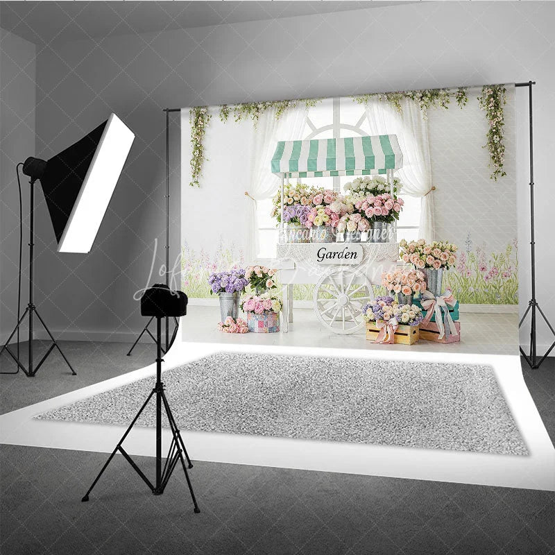 Lofaris Elegant Pastel Flower Cart Photography Backdrop Garden Window Scene with Roses and Hydrangeas