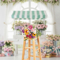 Lofaris Elegant Pastel Flower Cart Photography Backdrop Garden Window Scene with Roses and Hydrangeas