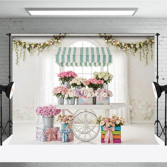 Lofaris Elegant Pastel Flower Cart Photography Backdrop with Roses and Floral Garlands Spring Baby Shower Birthday Decor